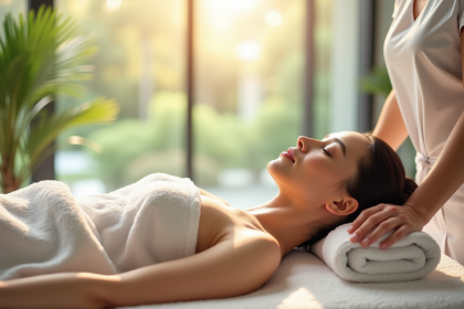 Femme recevant un massage relaxant dans un spa lumineux