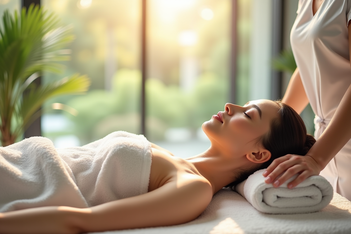 Femme recevant un massage relaxant dans un spa lumineux