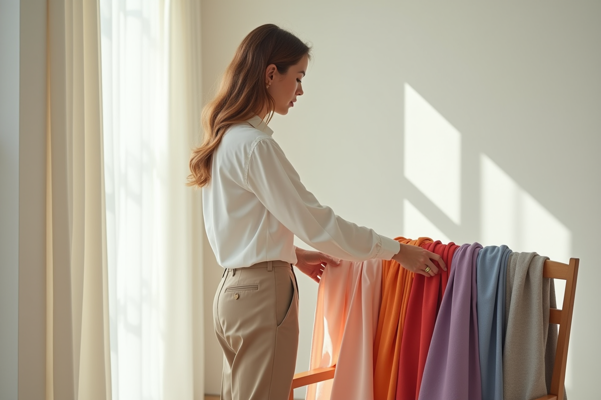 Femme élégante choisissant un foulard coloré dans une pièce lumineuse