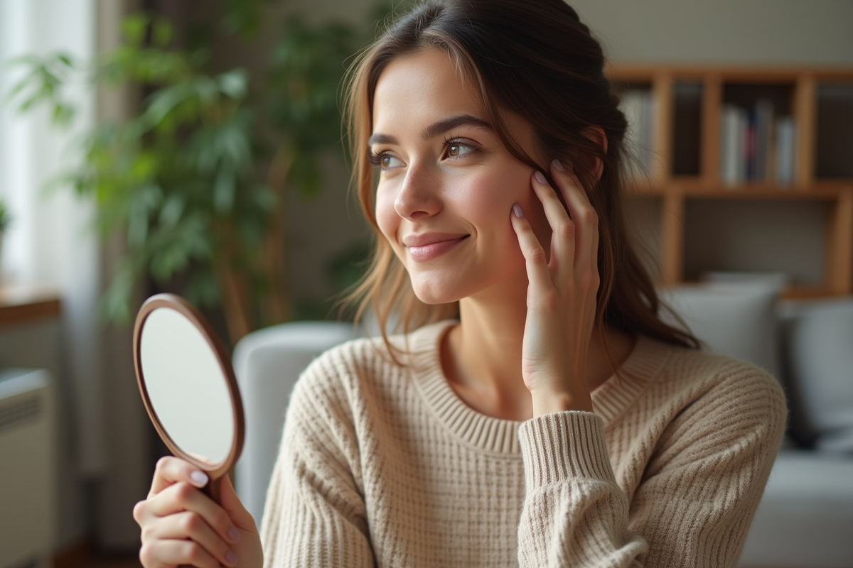 Femme regardant dans un miroir dans un salon lumineux
