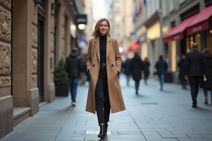 Femme élégante en manteau beige dans une ville urbaine