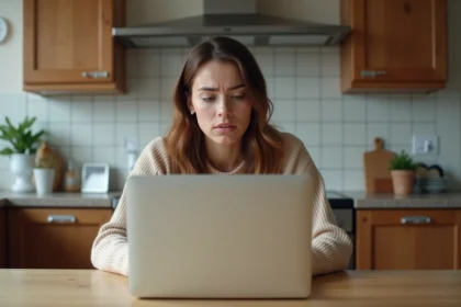 Jeune femme concentrée devant son ordinateur à la maison