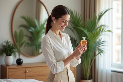 Femme élégante appliquant du parfum dans une chambre moderne