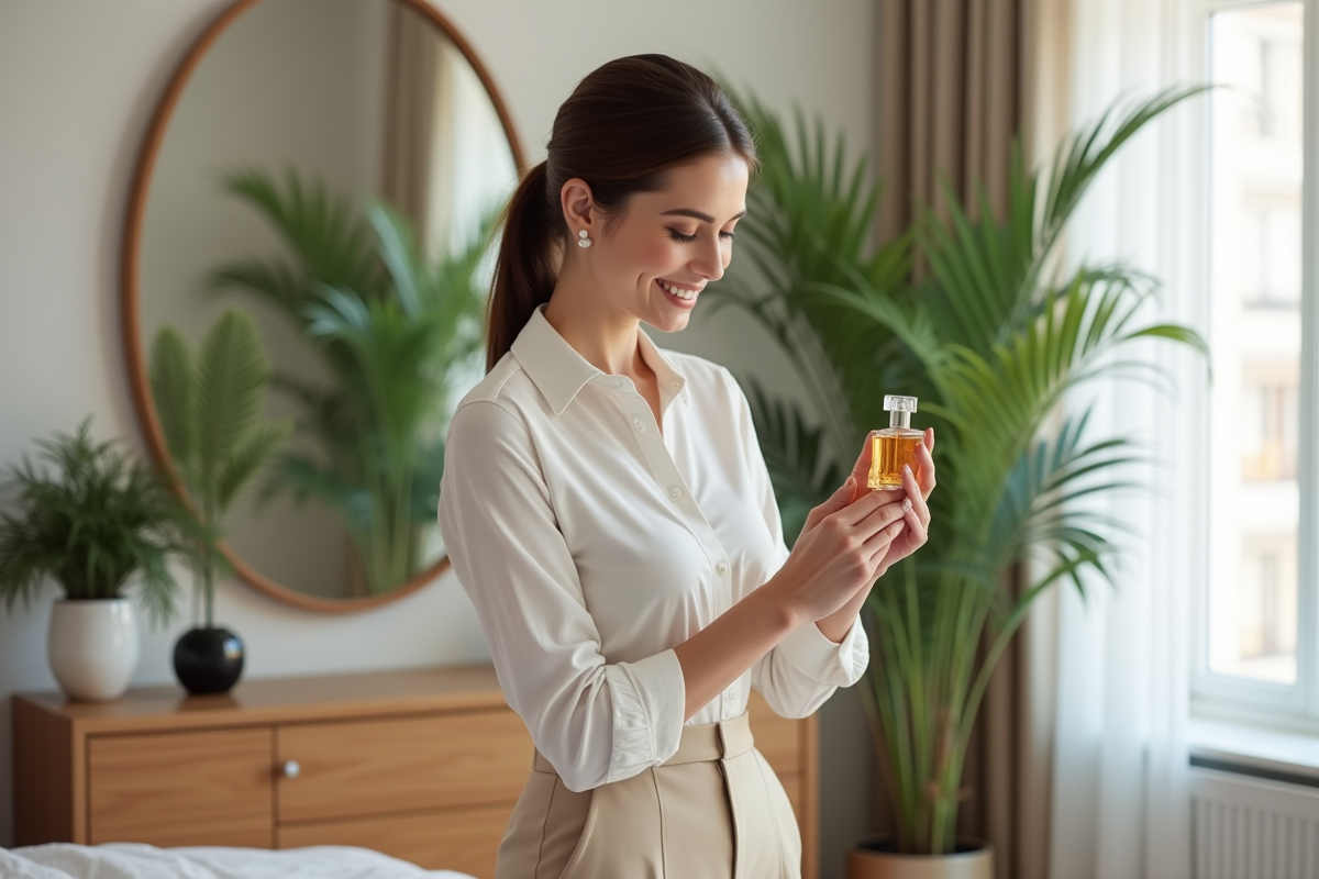 Femme élégante appliquant du parfum dans une chambre moderne