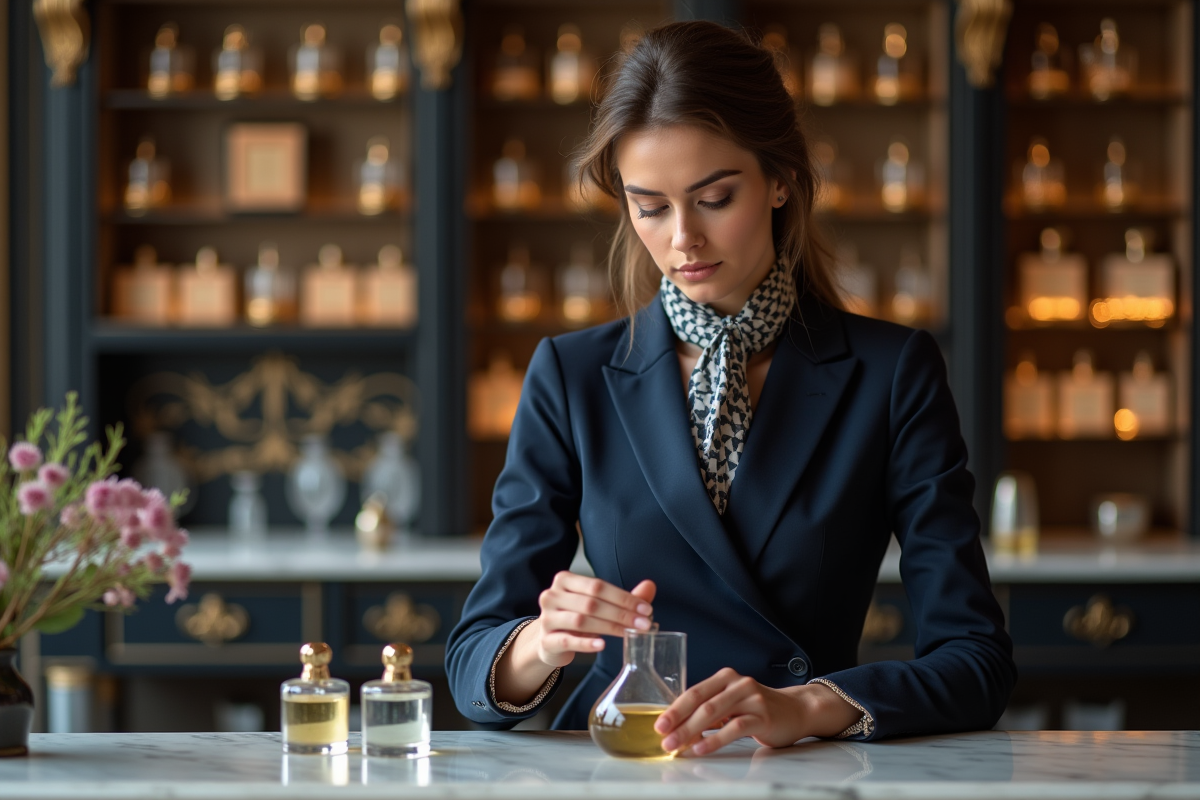 Femme sophistiquée créant un parfum dans un atelier parisien