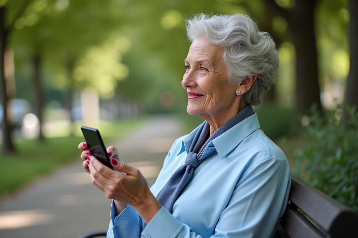 Femme de 60 ans dans un parc testant un rouge à lèvres