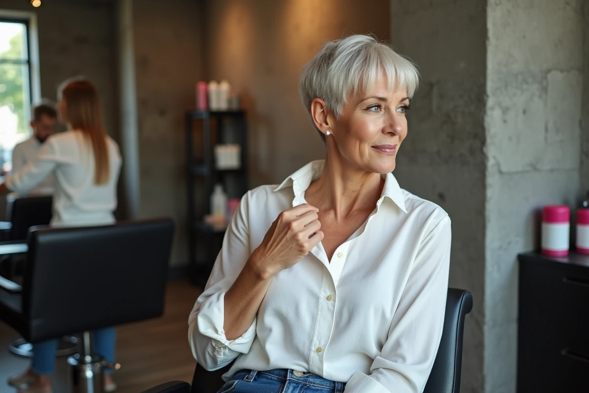 Femme en coupe pixie dans un salon de coiffure urbain