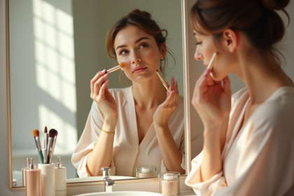 Femme appliquant poudre translucide devant miroir lumineux