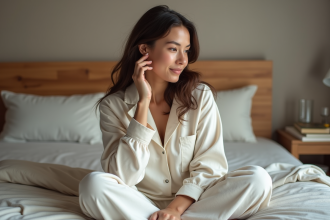 Femme en pyjamas coton assise sur le lit en réflexion