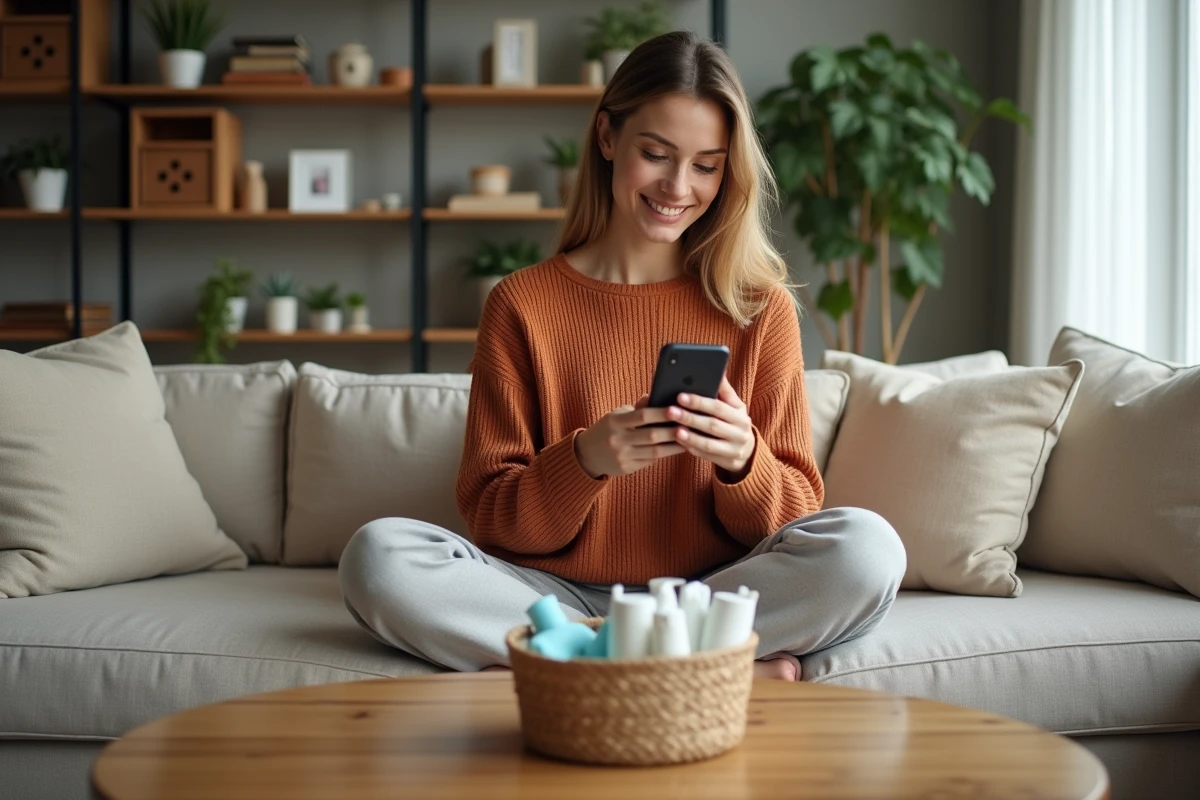 Femme consultant des informations sur l'hygiène féminine depuis son salon