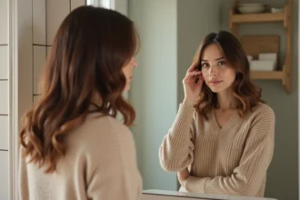 Femme regardant son reflet dans un miroir de salle de bain