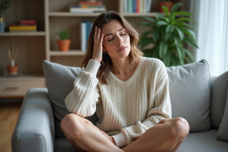 Femme détendue se massant le cuir chevelu dans un salon cosy
