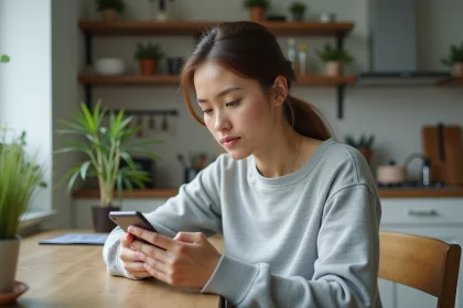 Jeune femme pensant avec smartphone dans un appartement moderne