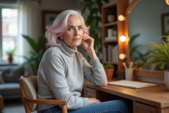 Femme élégante aux cheveux gris et pastels dans un intérieur cosy