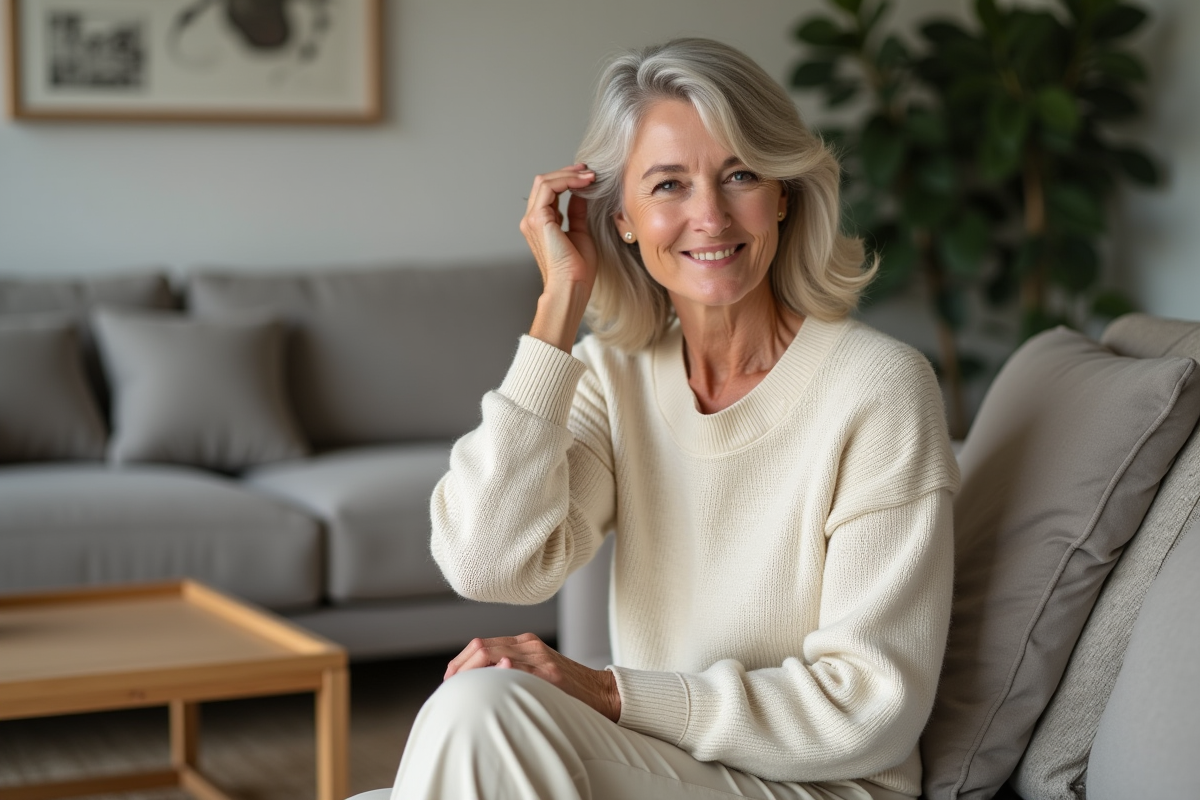 Femme élégante de 60 ans souriante dans un salon moderne