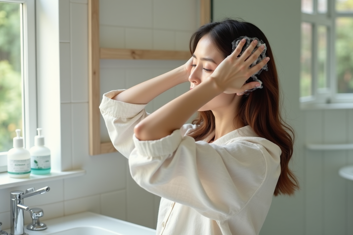 Femme massant ses cheveux dans une salle de bain lumineuse