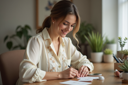 Femme élégante se limant les ongles dans un intérieur cosy