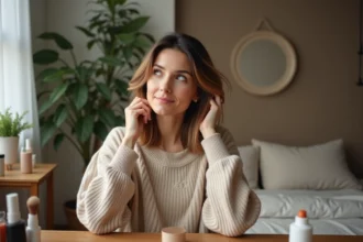 Femme en intérieur dans une chambre moderne avec produits de beauté