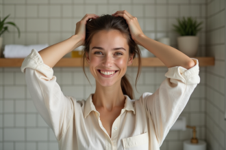 Femme souriante se massant le cuir chevelu dans une salle de bain calme
