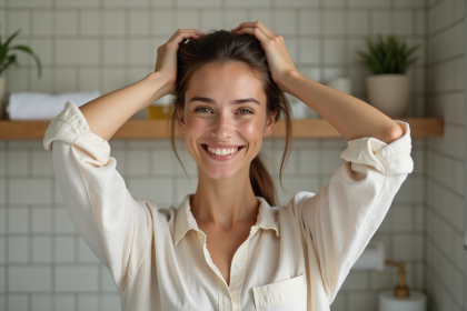 Femme souriante se massant le cuir chevelu dans une salle de bain calme
