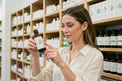 Femme examinant un produit de soin naturel en parapharmacie dans un rayon de cosmétiques bio