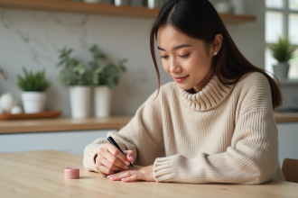 Femme appliquant du gel sur ses ongles dans une cuisine lumineuse