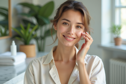 Femme appliquant un serum visage dans une salle de bain lumineuse