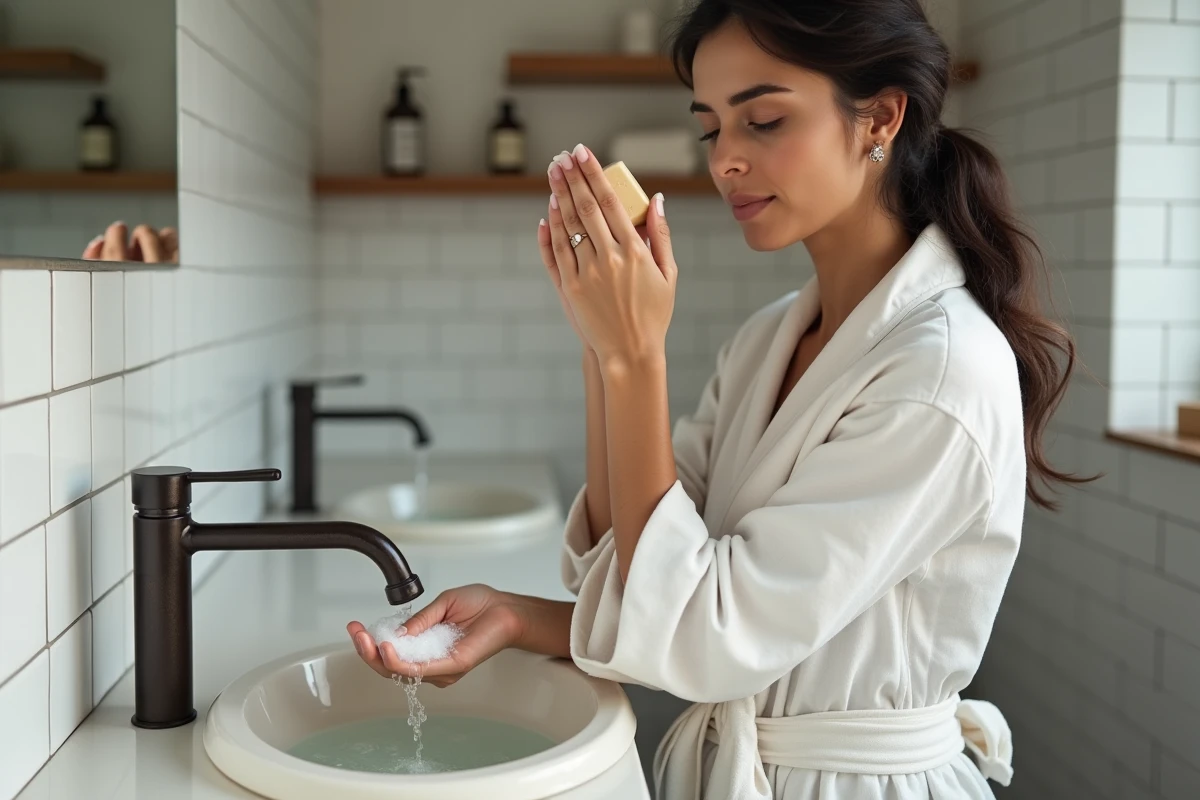 Femme appliquant du savon d'Alep sur son visage au-dessus d'un lavabo en céramique vintage dans une salle de bain moderne épurée
