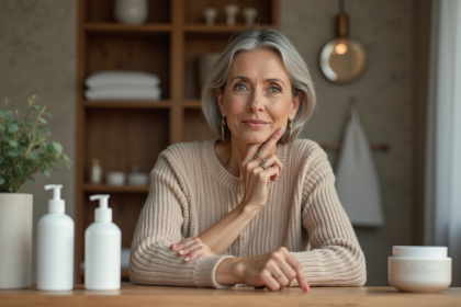 Femme élégante examinant ses soins visage dans sa salle de bain