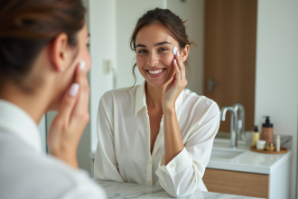 Femme appliquant soin visage dans salle de bain moderne