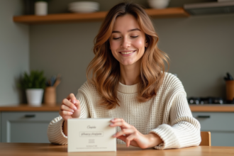 Femme souriante ouvre une box beauté dans un intérieur chaleureux
