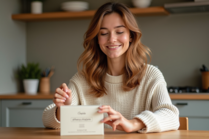Femme souriante ouvre une box beauté dans un intérieur chaleureux