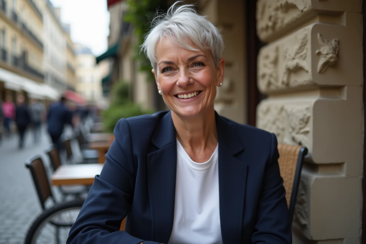 Femme souriante en extérieur dans un café parisien