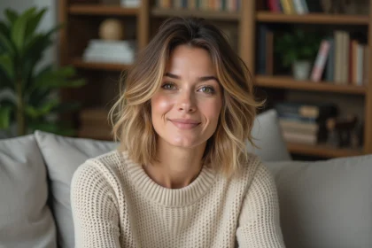 Femme élégante avec coupe bob textured visage souriant