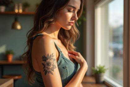 Jeune femme avec tatouage floral dans un cafe lumineux