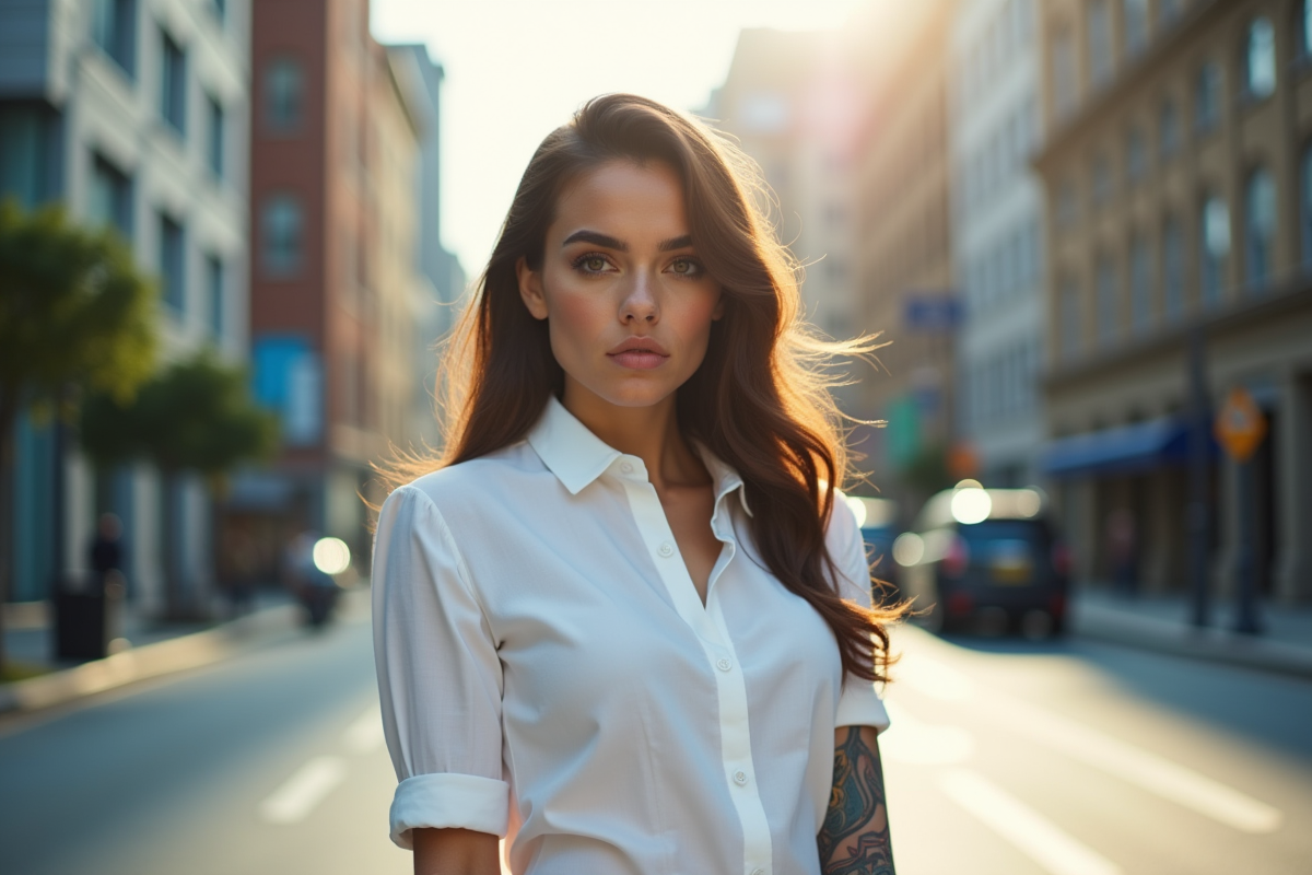 Femme avec tatouage géométrique en extérieur en journée