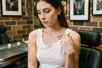Jeune femme en studio de tatouage examinant un tatouage hirondelle sur l'épaule pour choisir la taille idéale