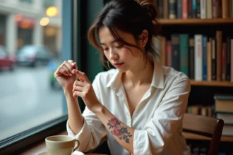 Jeune femme contemplant son tatouage peonie au café