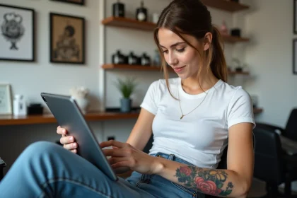 Jeune femme regardant des designs de tatouage sur une tablette