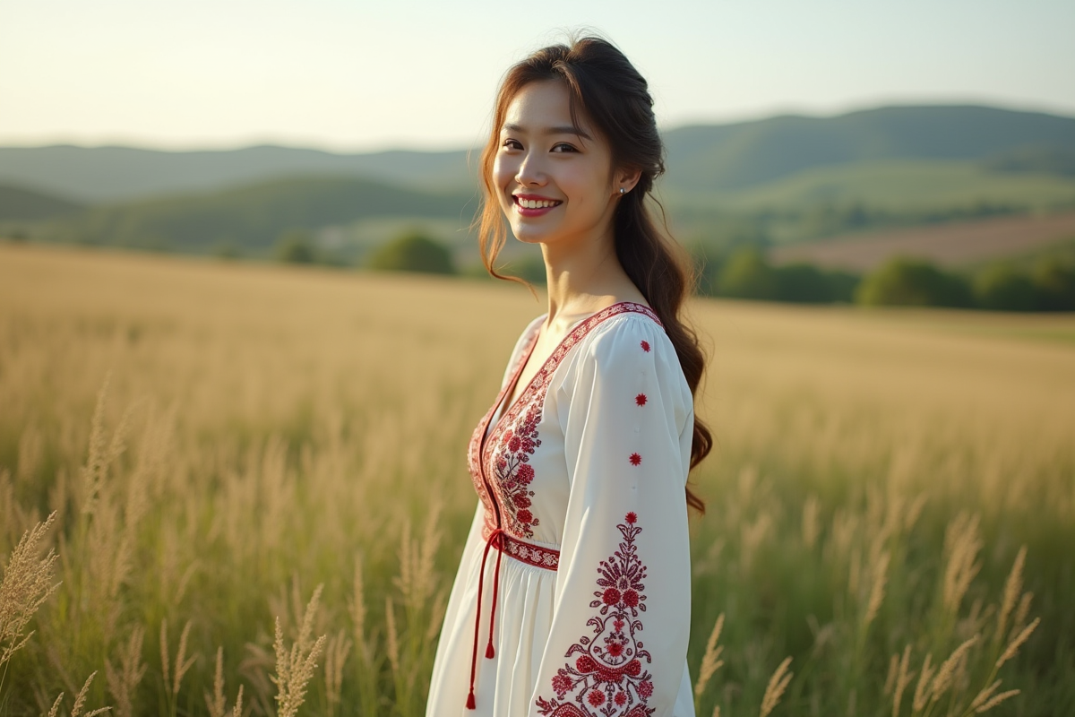 Jeune femme en robe brodee dans un champ rural