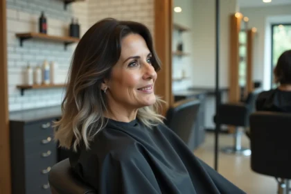 Femme en cabine de coiffure découvrant sa transition vers le blended grey dans un miroir de salon moderne