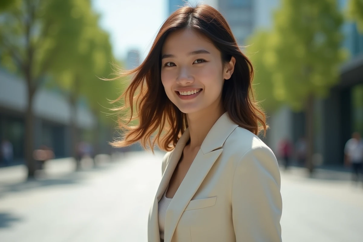 Jeune femme en mouvement avec cheveux dégradés en ville