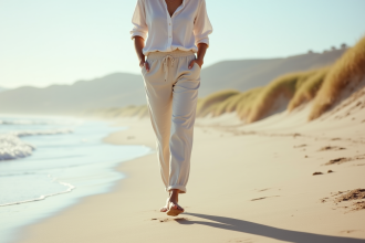 Femme souriante en pantalon en lin sur la plage