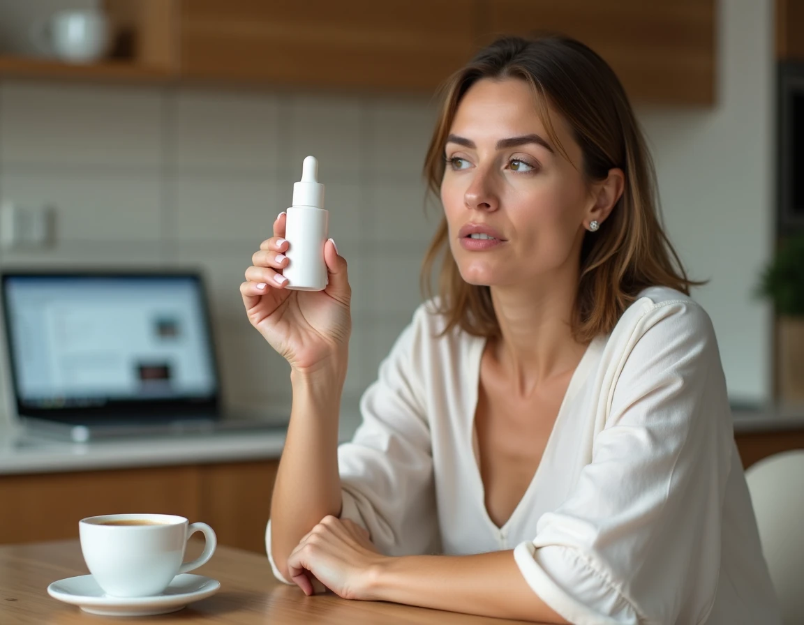 Femme vérifiant les ingrédients d'un sérum Rovea Skin avant achat en ligne depuis son domicile