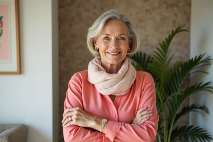 Femme élégante en blouse corail et foulard pastel