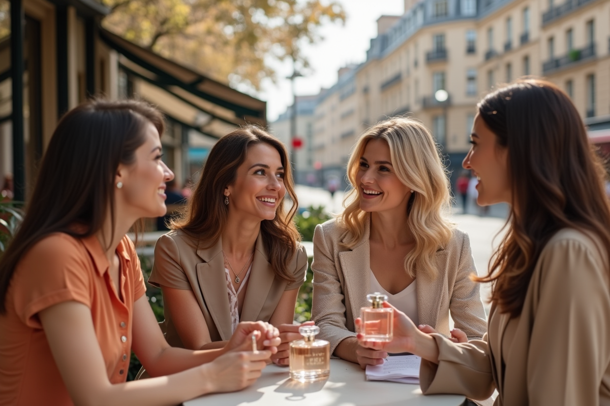 Femmes diverses dégustant des parfums en terrasse parisienne