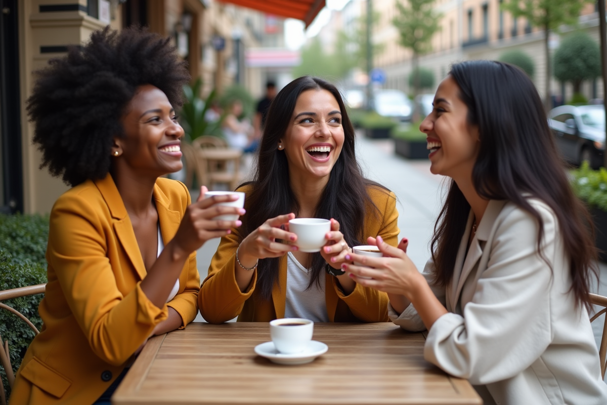 Trois femmes souriantes montrant leurs ongles au café