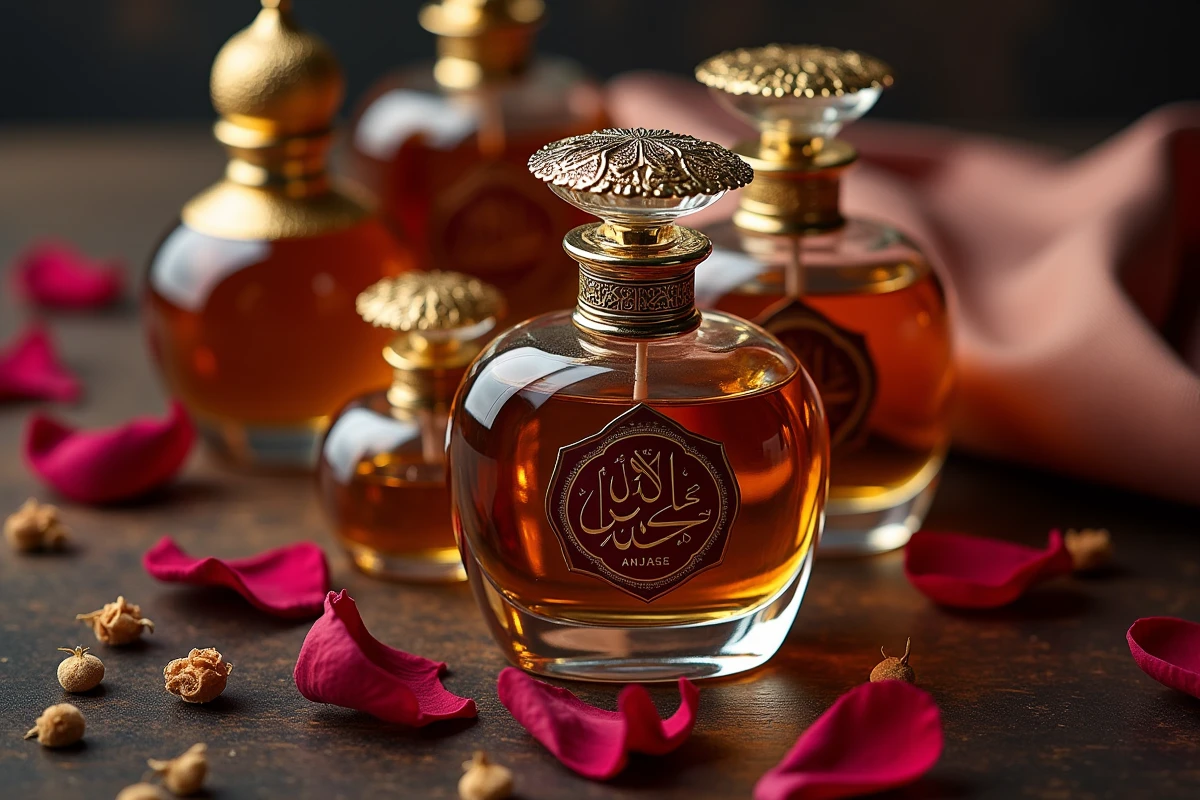 Flacons de parfums d'Orient de luxe avec oud et pétales de rose sur bois ancien, présentation grossiste