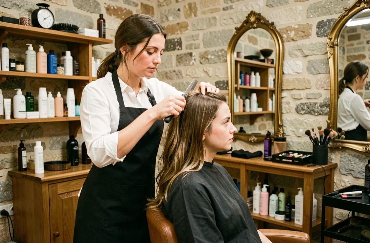 Coiffeuse réalisant une coupe sur une cliente dans le salon Flash Coiffure à Marines, Val-d'Oise