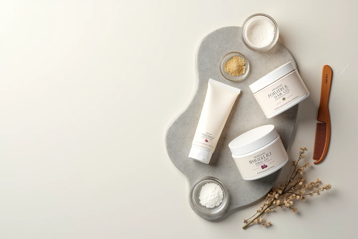 Flat lay de produits de gel en poudre pour cheveux avec peigne et poudre texturante sur surface en pierre pour article beauté